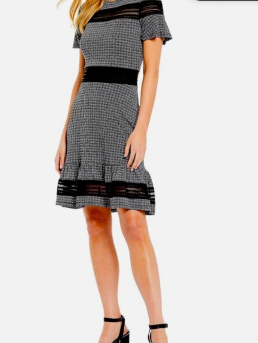 Michael Kors Black‎ and White Checked Mini Dress with Lace Insets